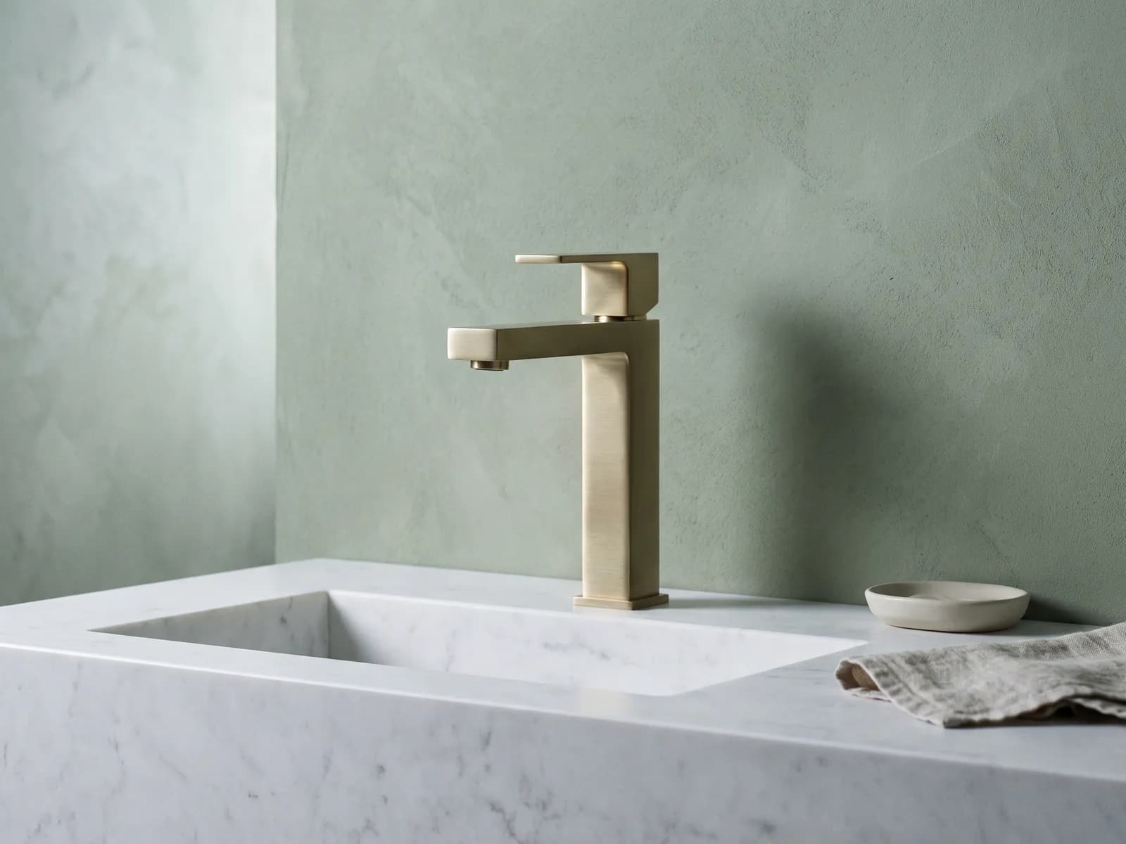 Brushed brass basin mixer on a white stone vanity against a sage wall
