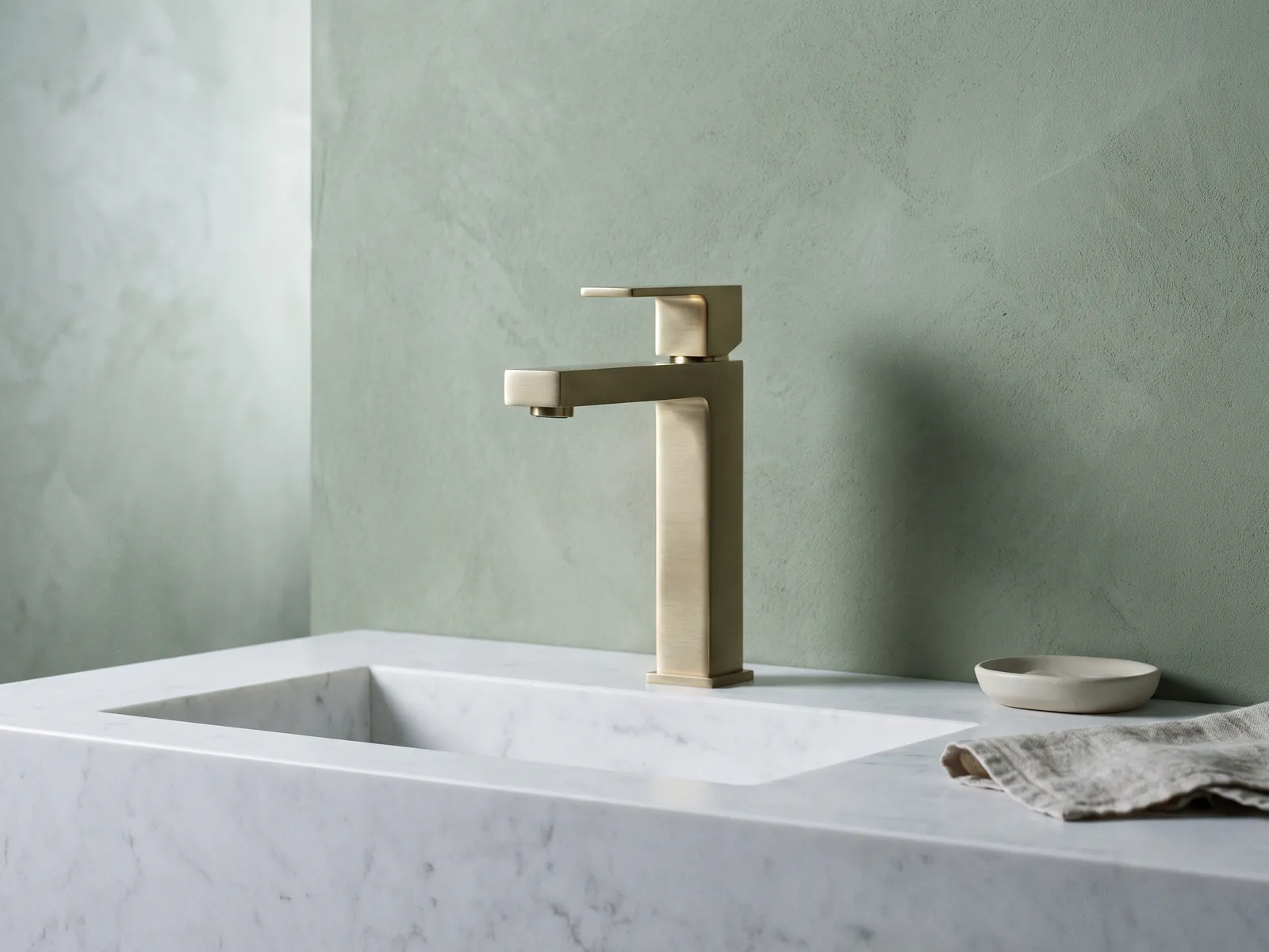 Brushed brass basin mixer on a white stone vanity against a sage wall
