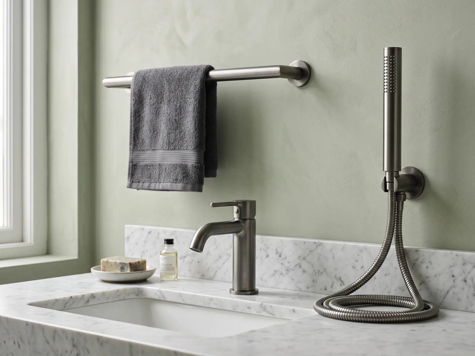 Coordinated brushed graphite bathroom fittings arranged on white marble