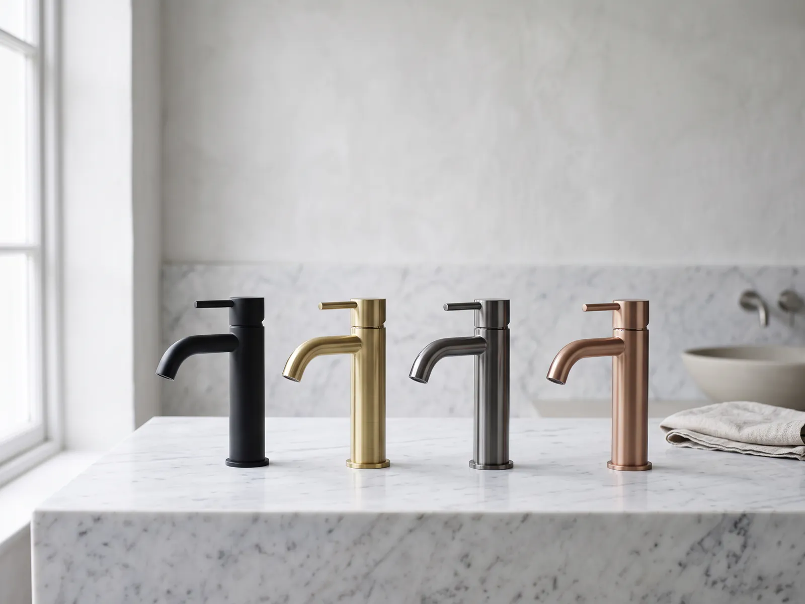 Four basin taps in matte black, brushed brass, graphite and blush gold