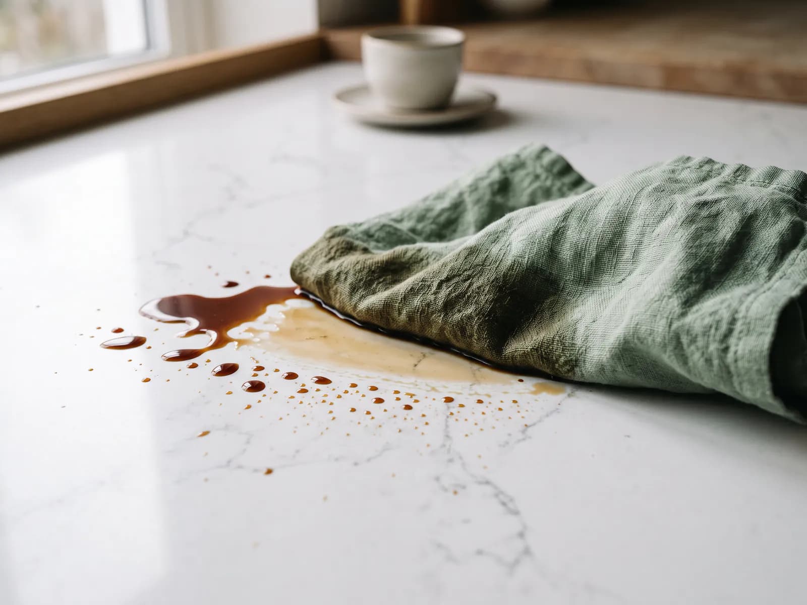 Coffee spill beading on a white quartz worktop beside a sage cloth