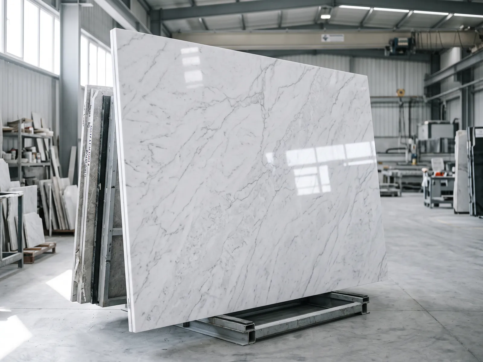 White engineered marble slab with grey veining in a factory finishing hall