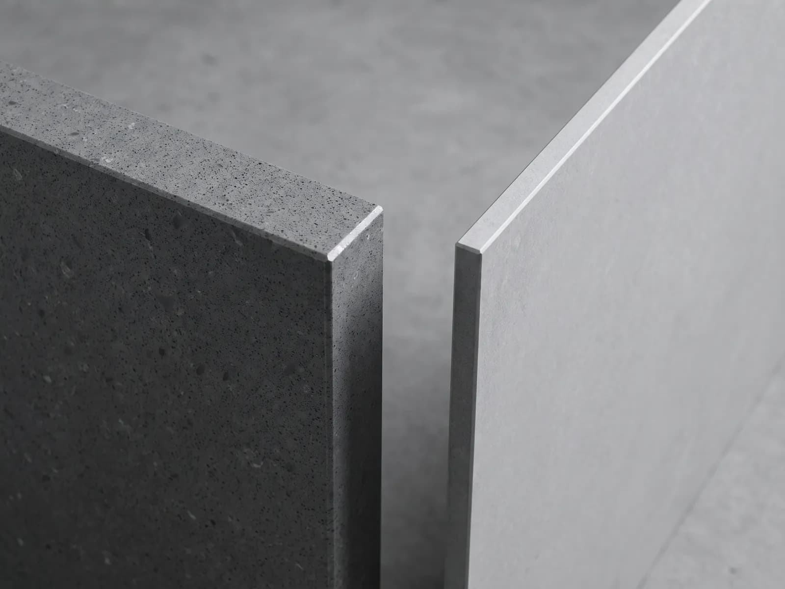 Mitred edges of solid engineered stone and thin porcelain compared