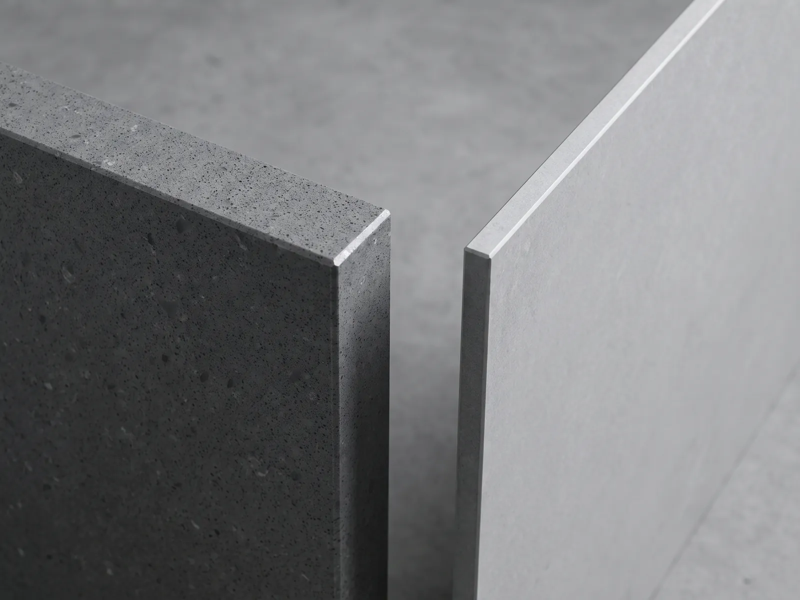 Mitred edges of solid engineered stone and thin porcelain compared