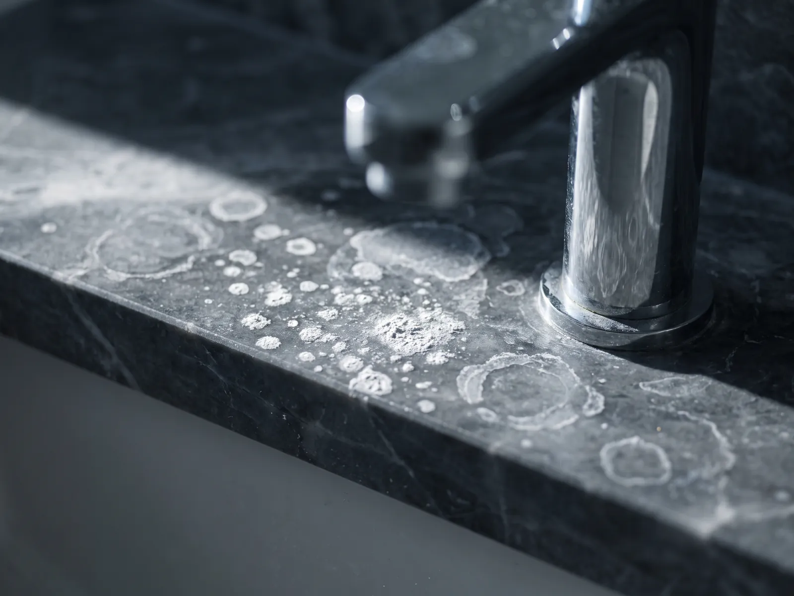 Hard water mineral spots on a dark marble vanity beside a tap