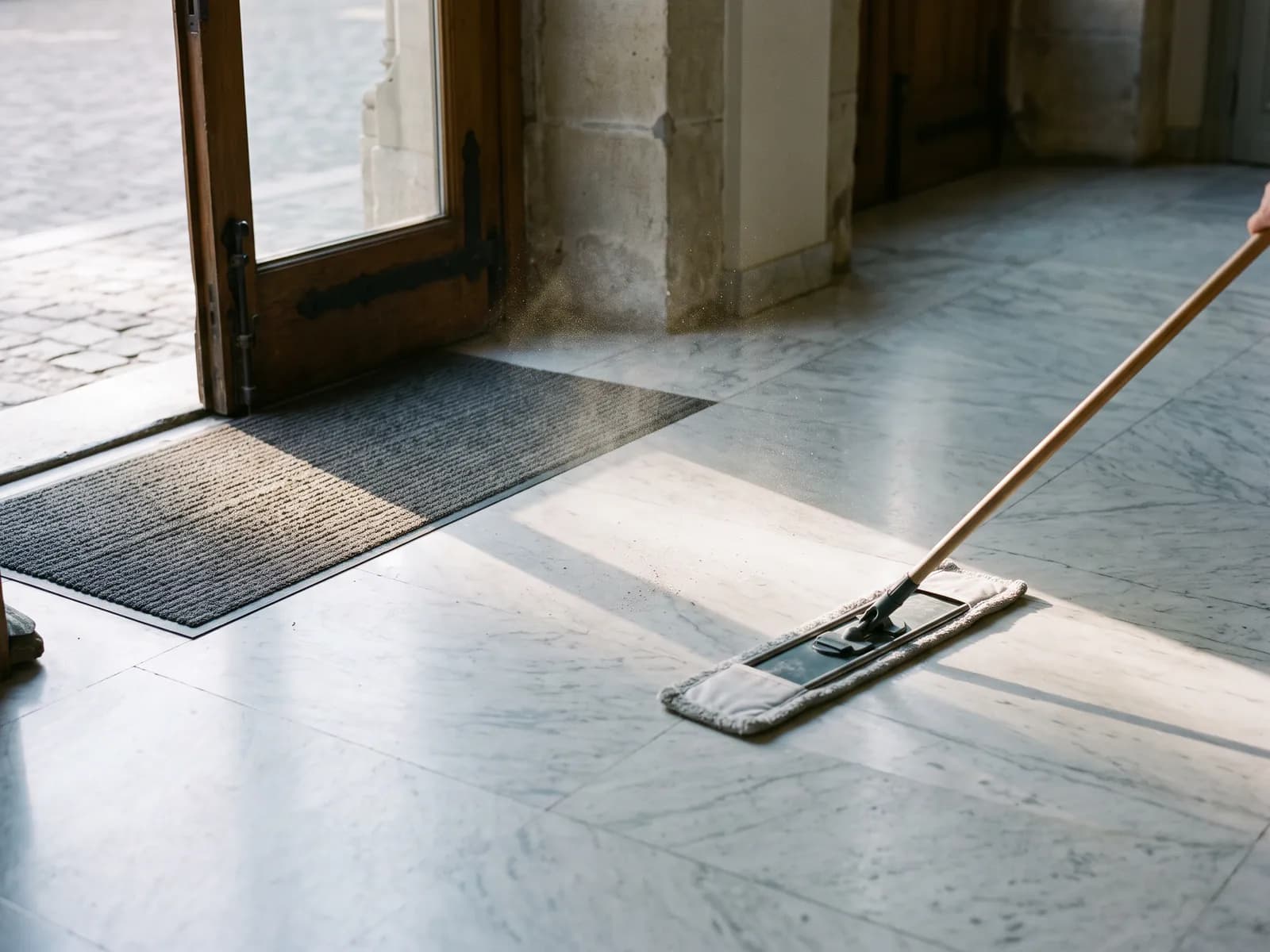 Dust mop gliding across a pale marble floor in morning light