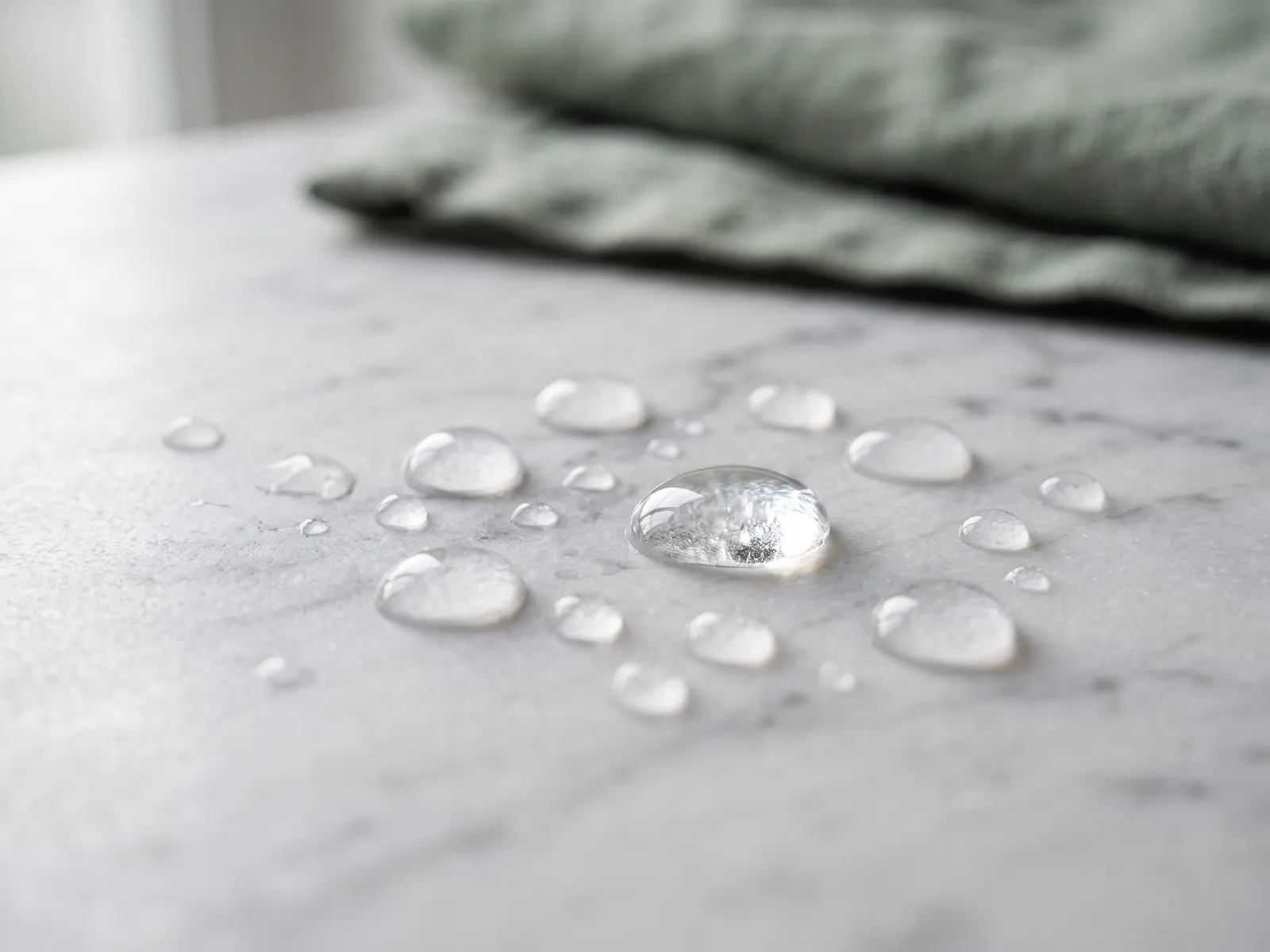 Water drops beading on a freshly sealed honed marble surface