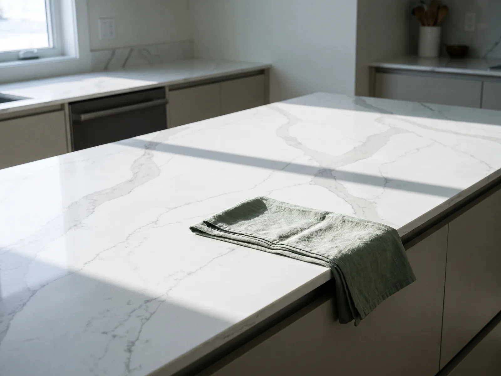 Engineered marble kitchen island with a folded sage linen towel