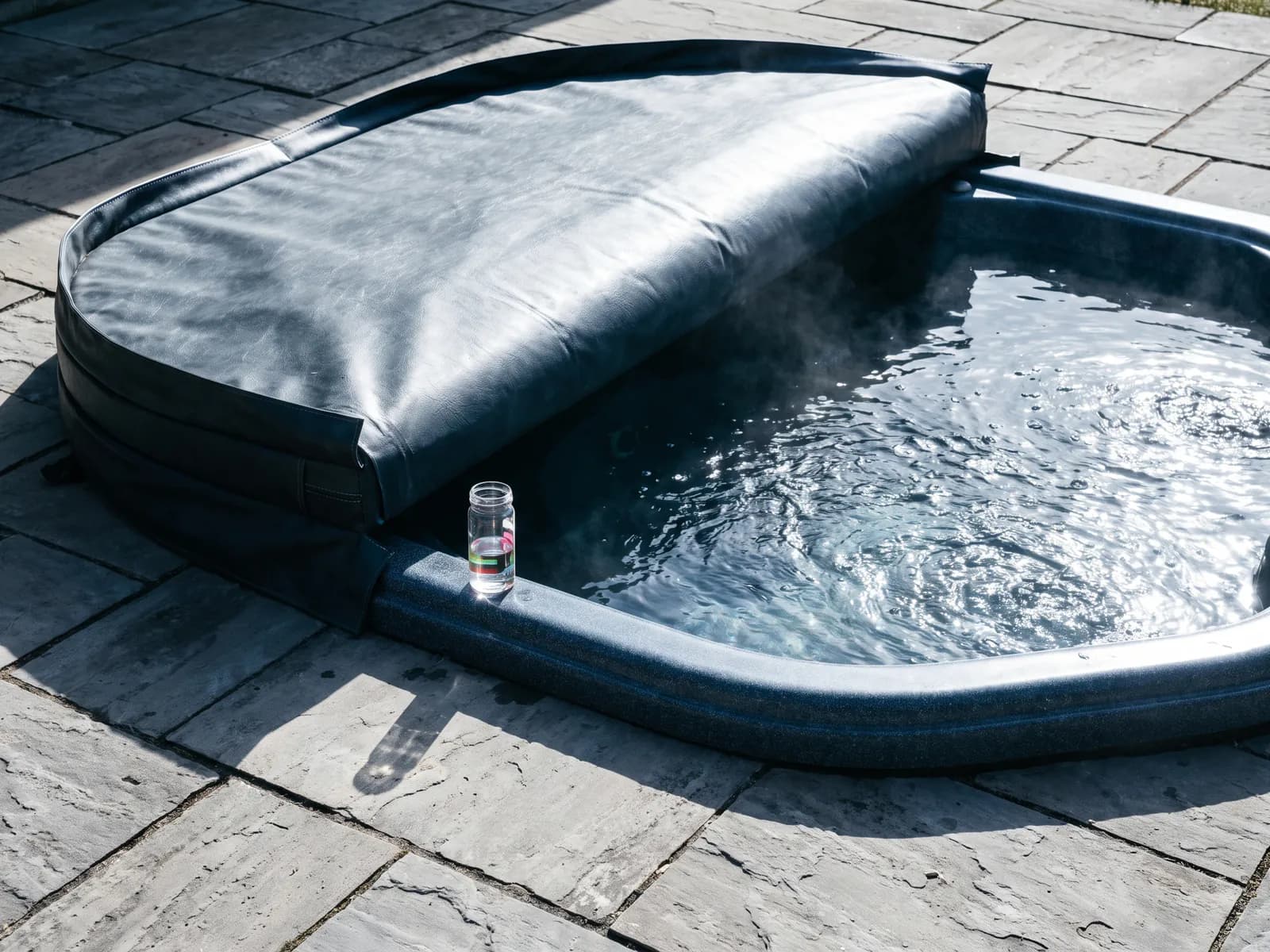 Spa water testing vial held over a half-covered outdoor spa in hard sun