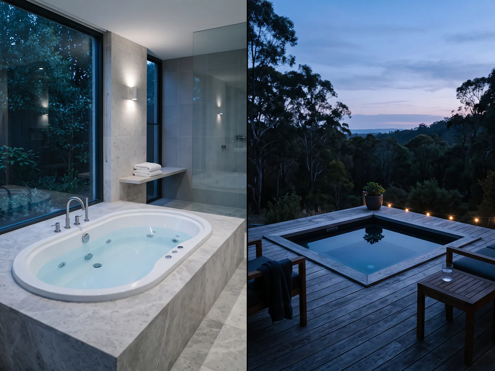 Indoor whirlpool bath and outdoor deck spa in a split composition