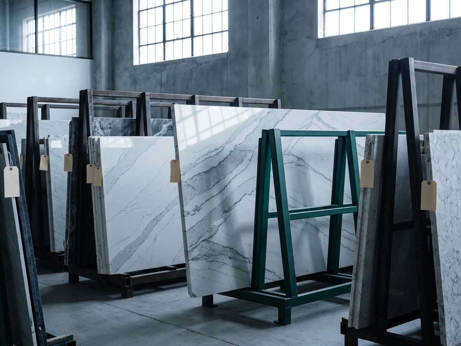Engineered stone slabs with price tags on warehouse racks