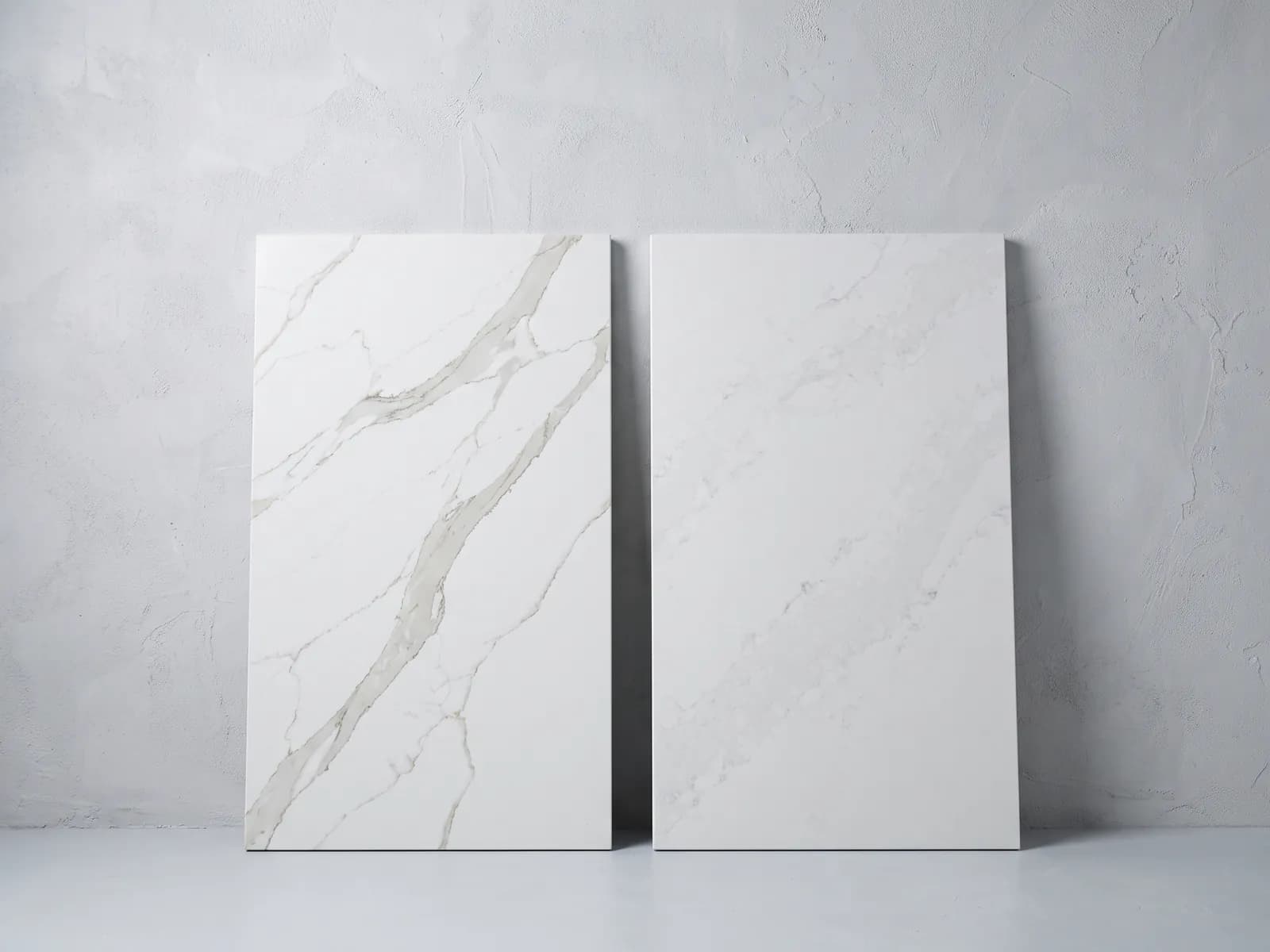 Two white quartz slab samples compared side by side against a wall