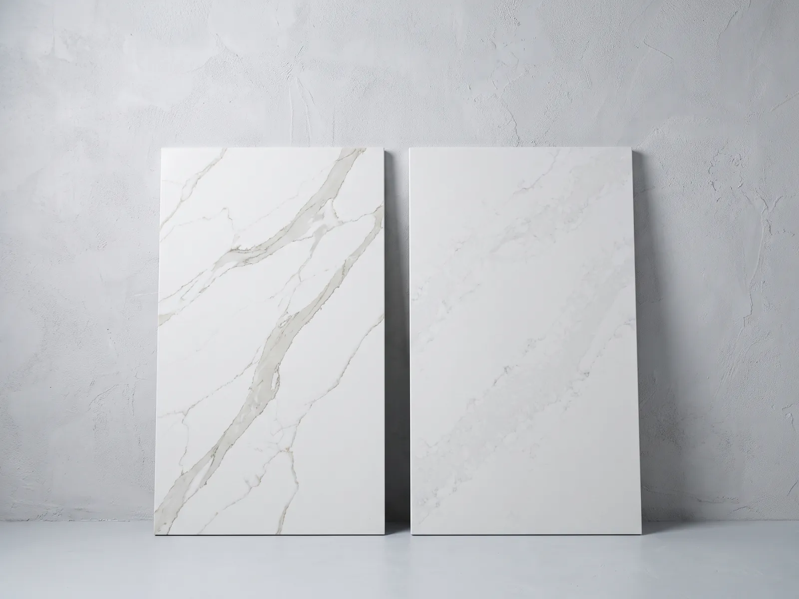 Two white quartz slab samples compared side by side against a wall