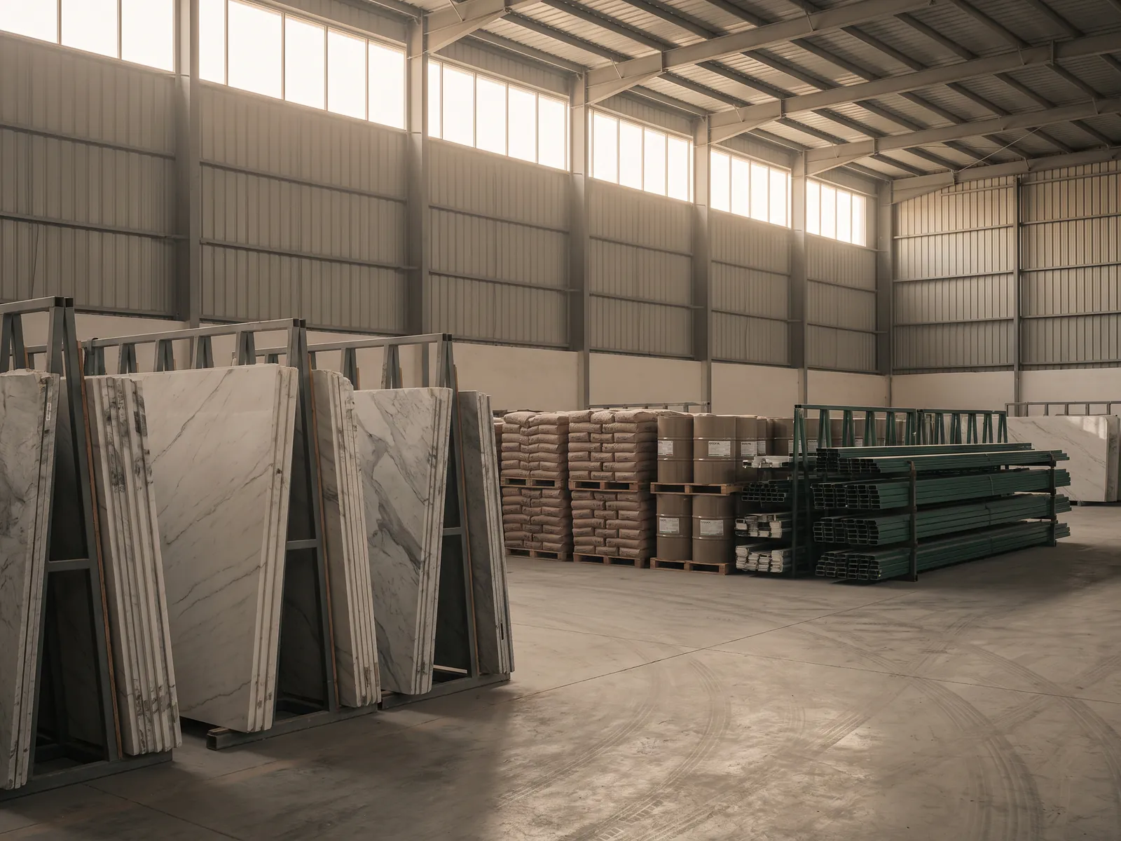 Slab racks, construction chemical drums and coated metal profiles staged in a UAE warehouse