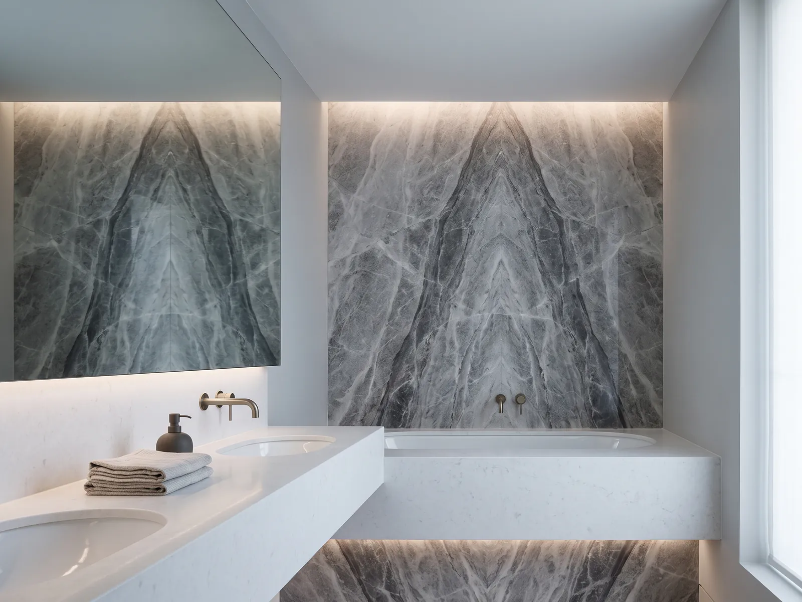 Bookmatched marble feature wall behind a stone vanity with brass tap