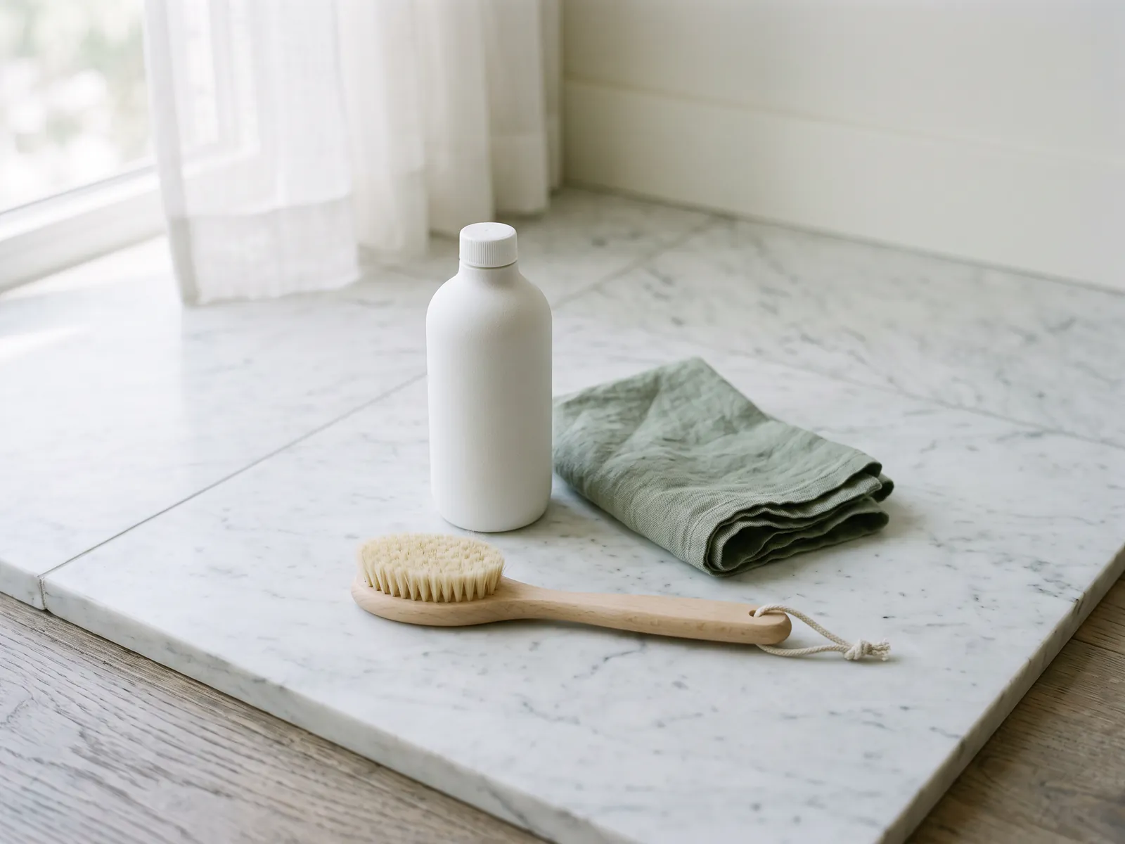 Stone care still life with cleaning bottle, sage cloth and brush on marble
