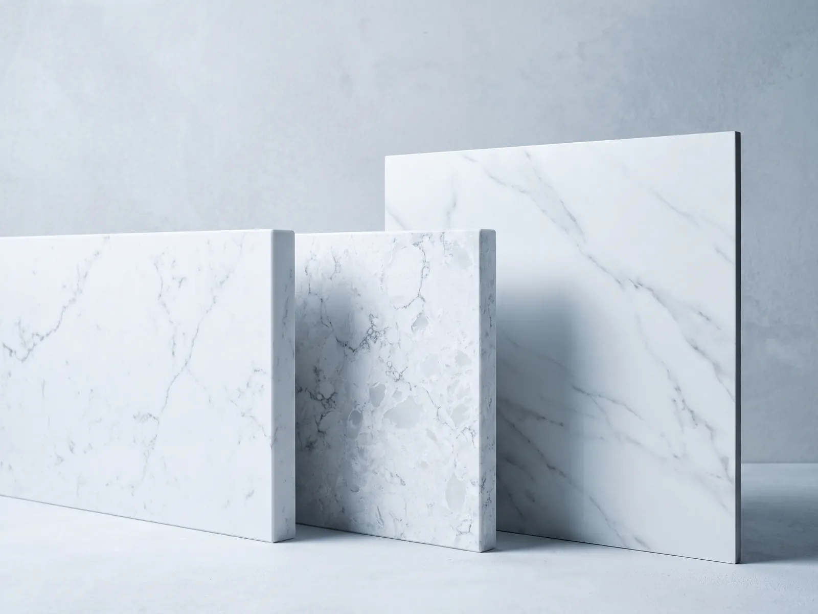Engineered marble, veined quartz and porcelain surfaces compared in raking light