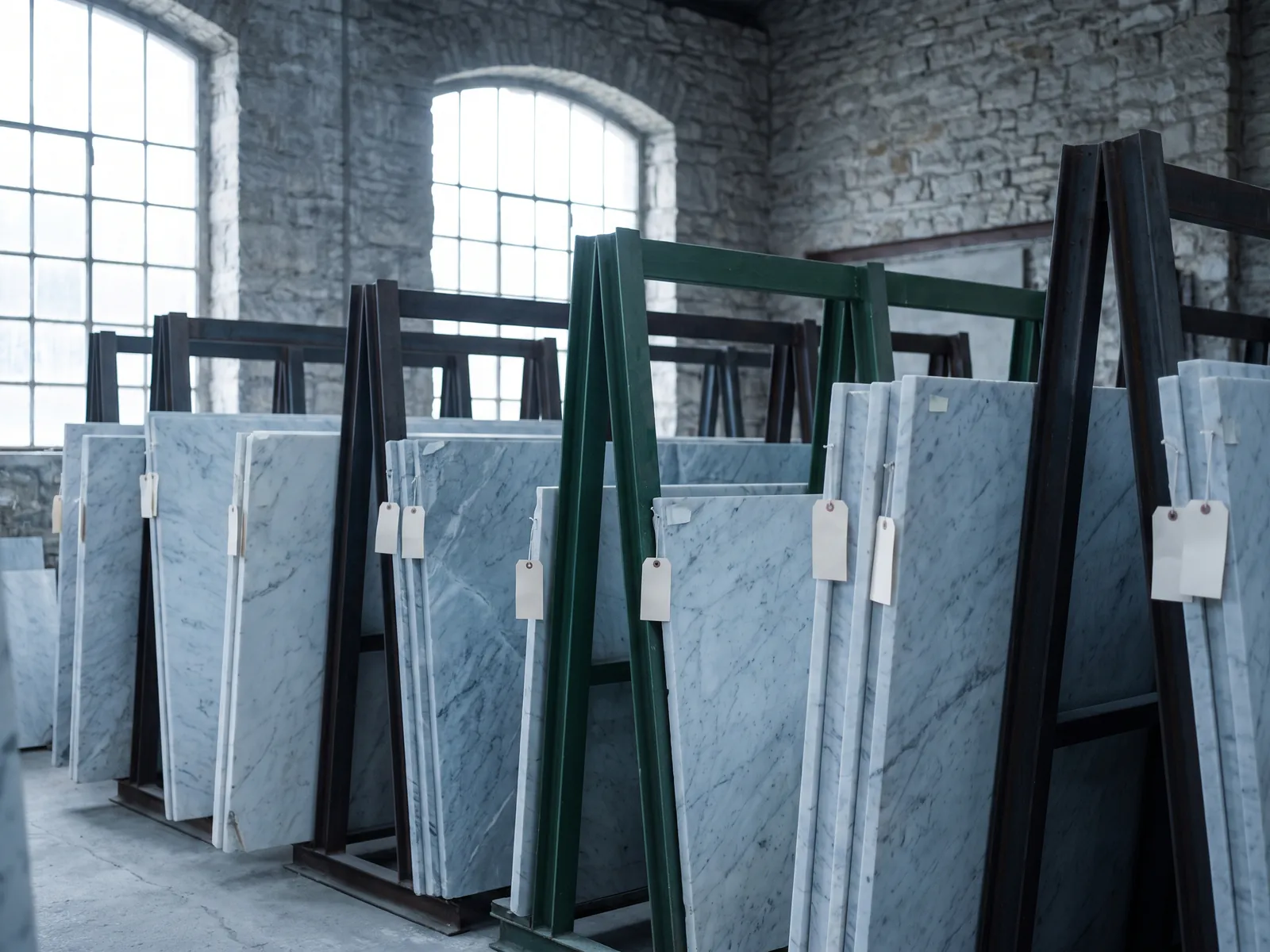 Marble slabs with paper tags standing on warehouse racks