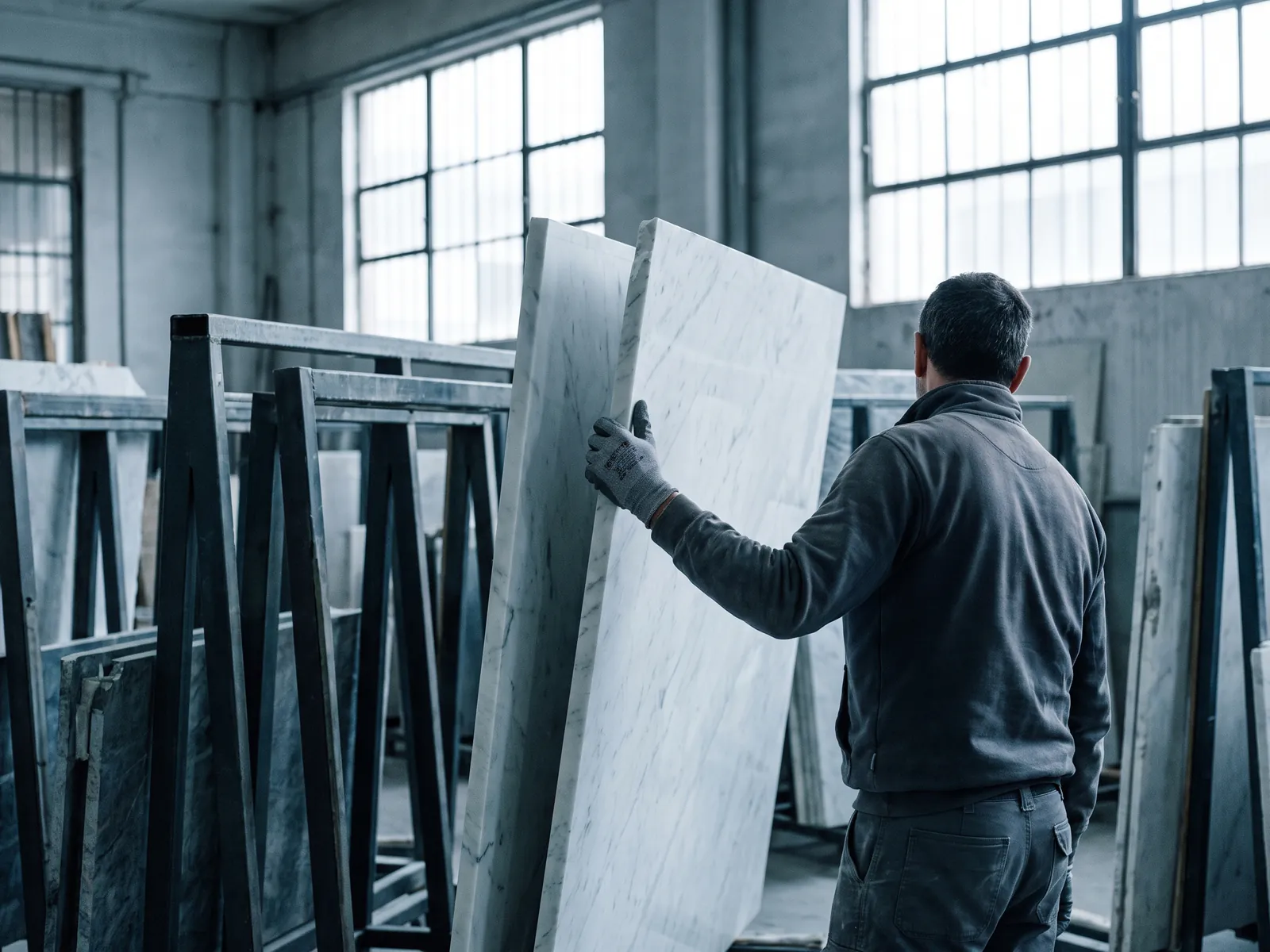 Gloved hand tilting a marble slab on a warehouse rack for inspection