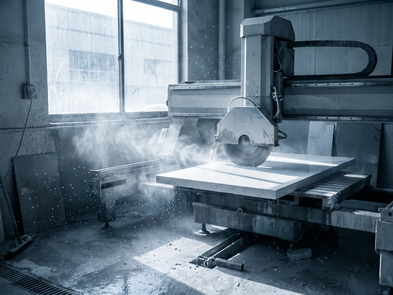 Bridge saw cutting a white quartz slab with water spray