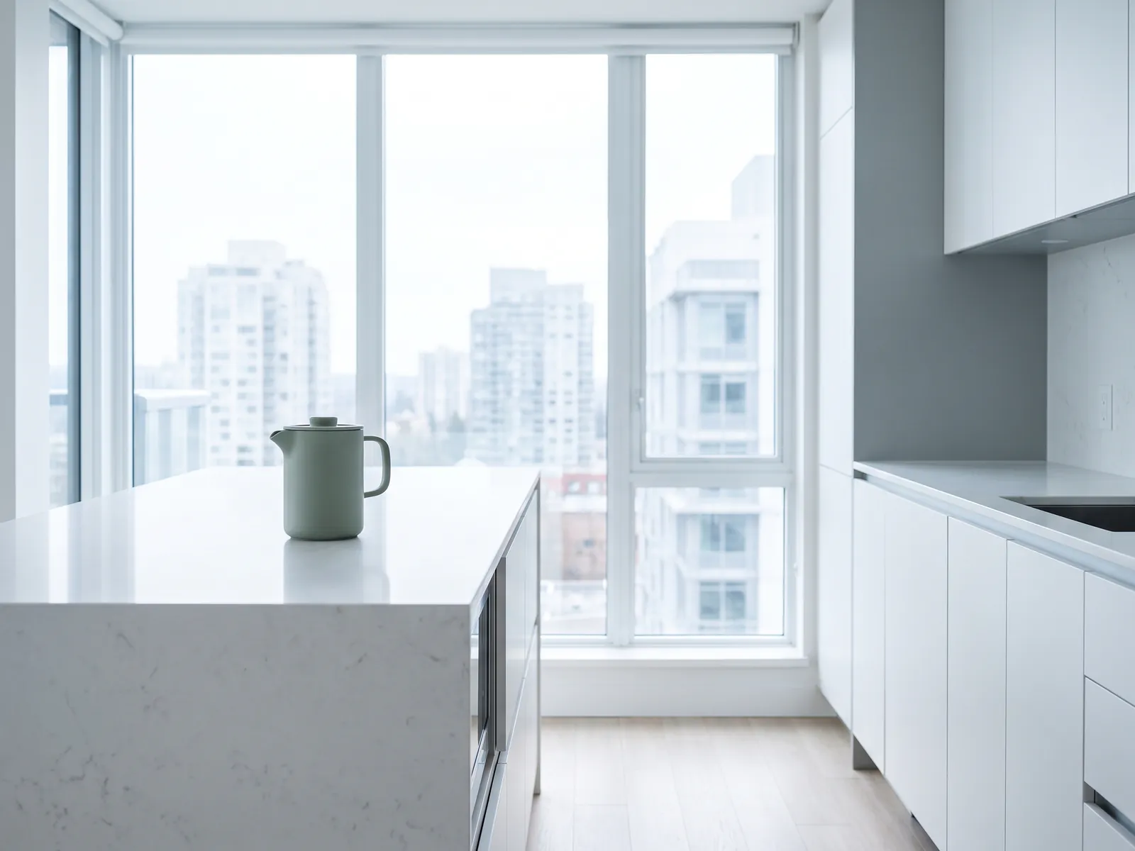 White quartz worktop and island in a bright apartment kitchen