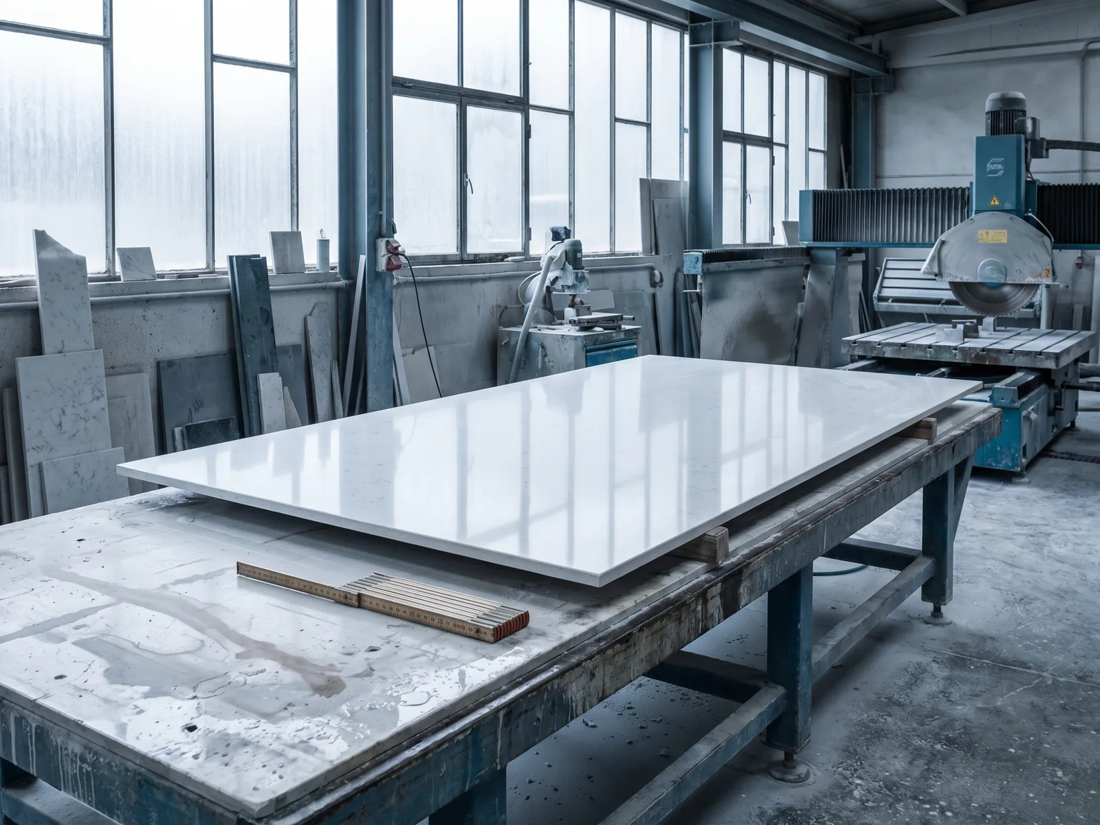 Jumbo quartz slab lying on a fabrication table with a measuring rule