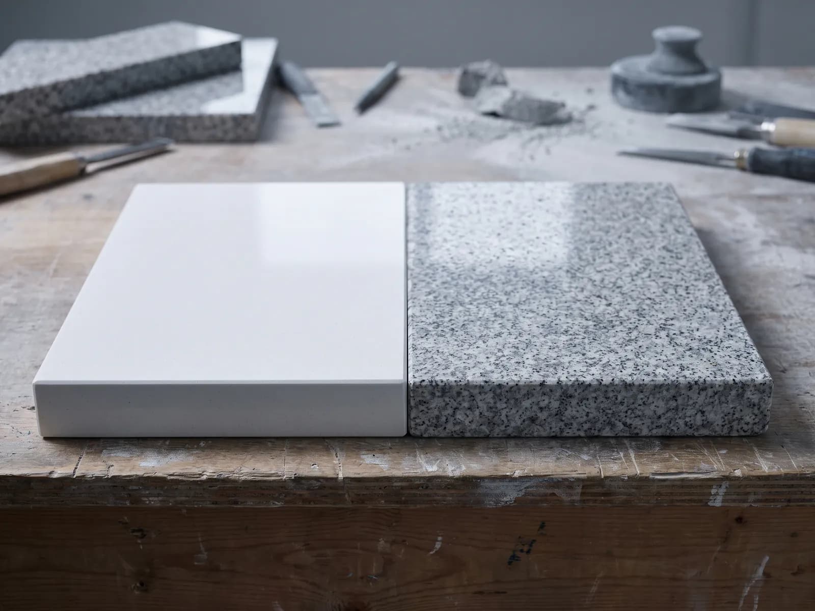 Quartz and granite worktop samples edge to edge on a workbench