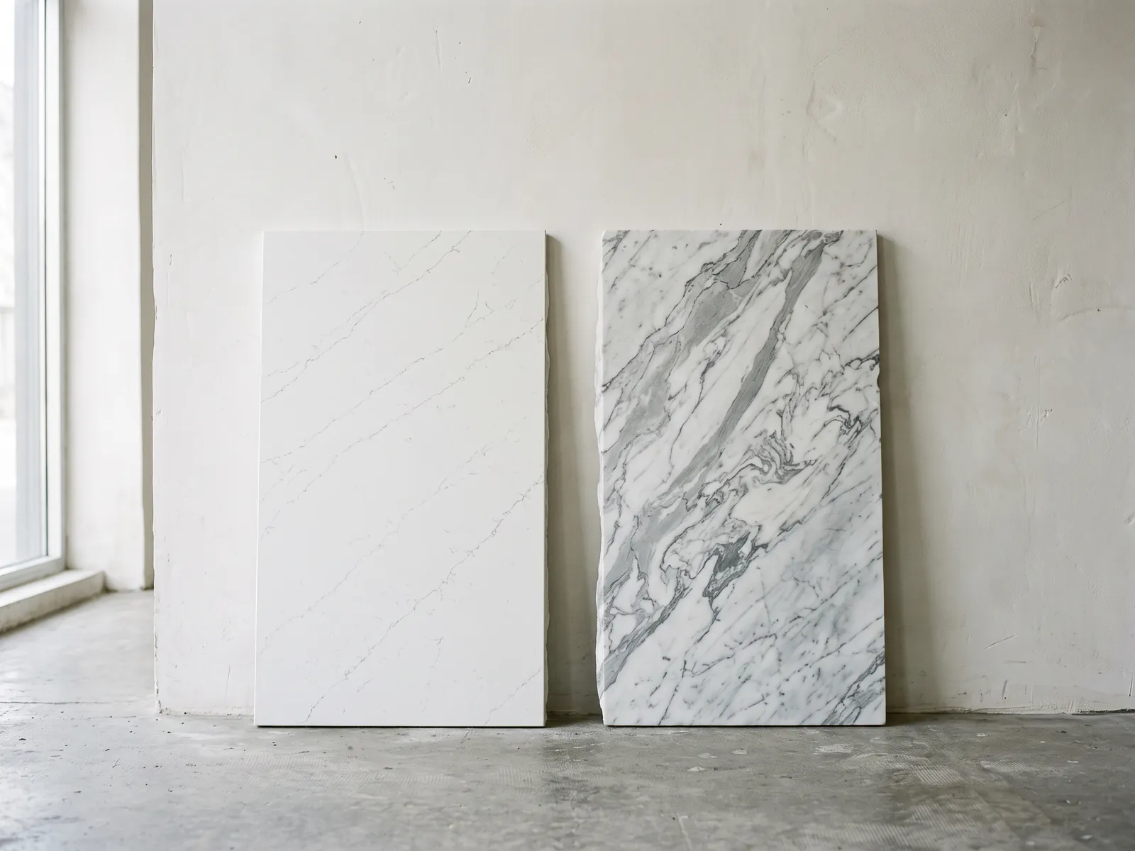 Quartz slab and marble slab samples leaning side by side against a wall