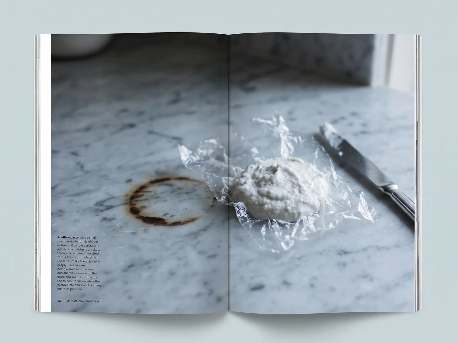 White poultice paste covered with film on a stained marble surface