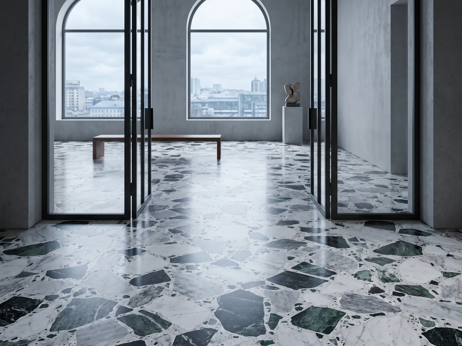Palladiana terrazzo floor with oversized marble fragments in a gallery