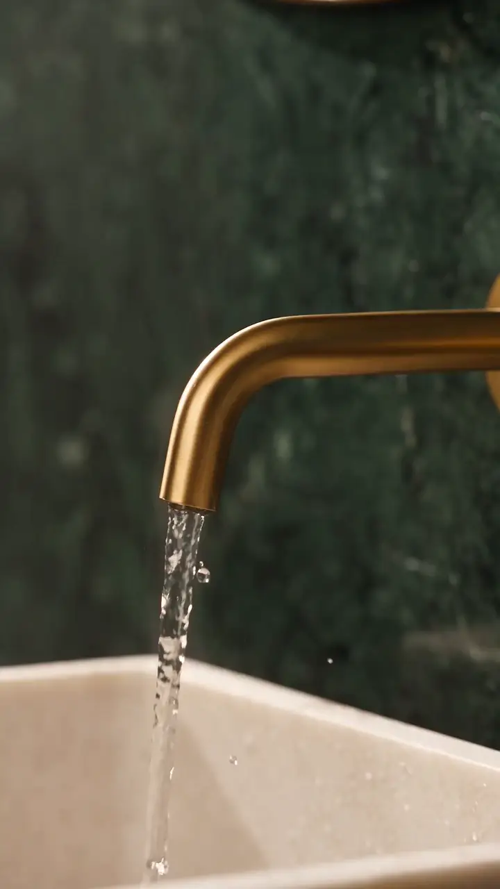 Water running over a brushed brass tap into a stone basin