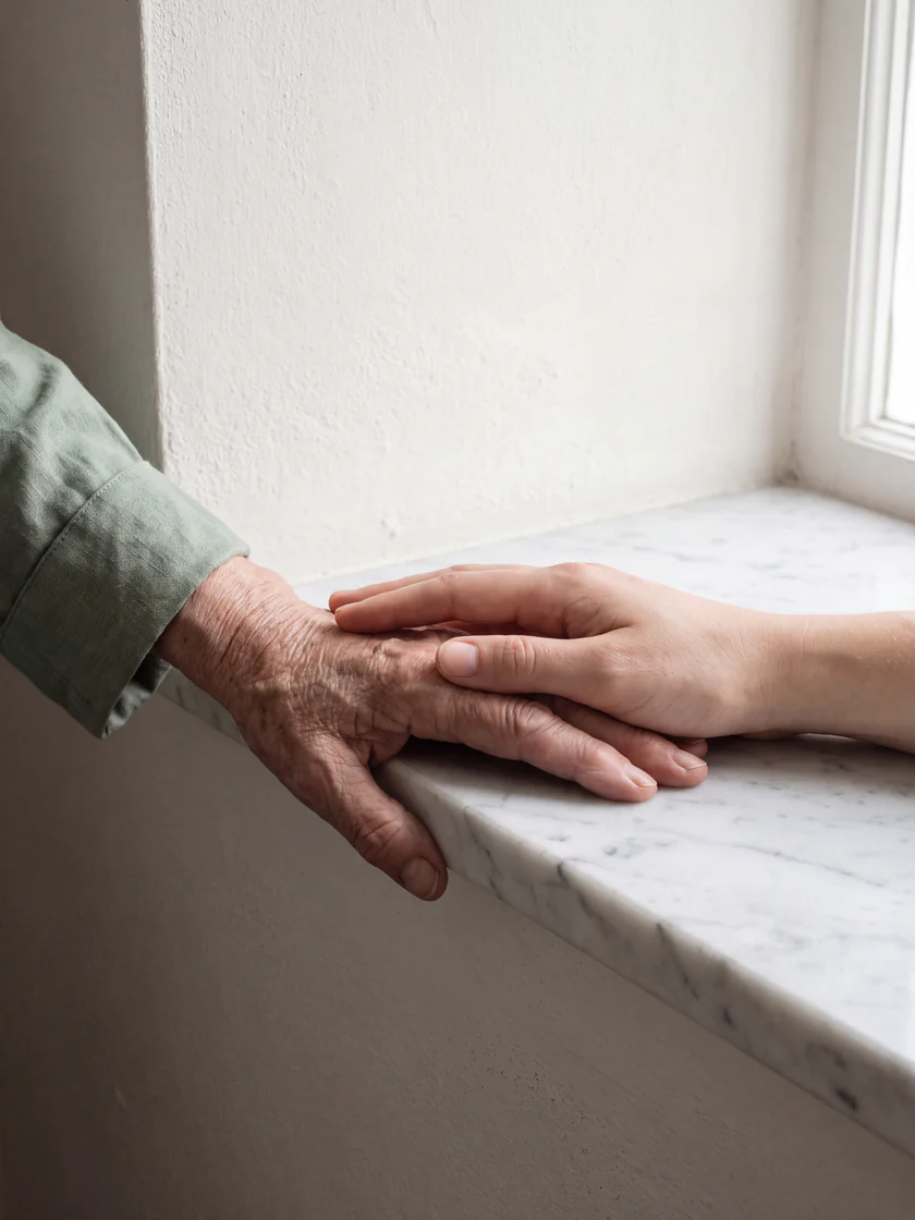 Two generations resting their hands on a veined marble slab edge