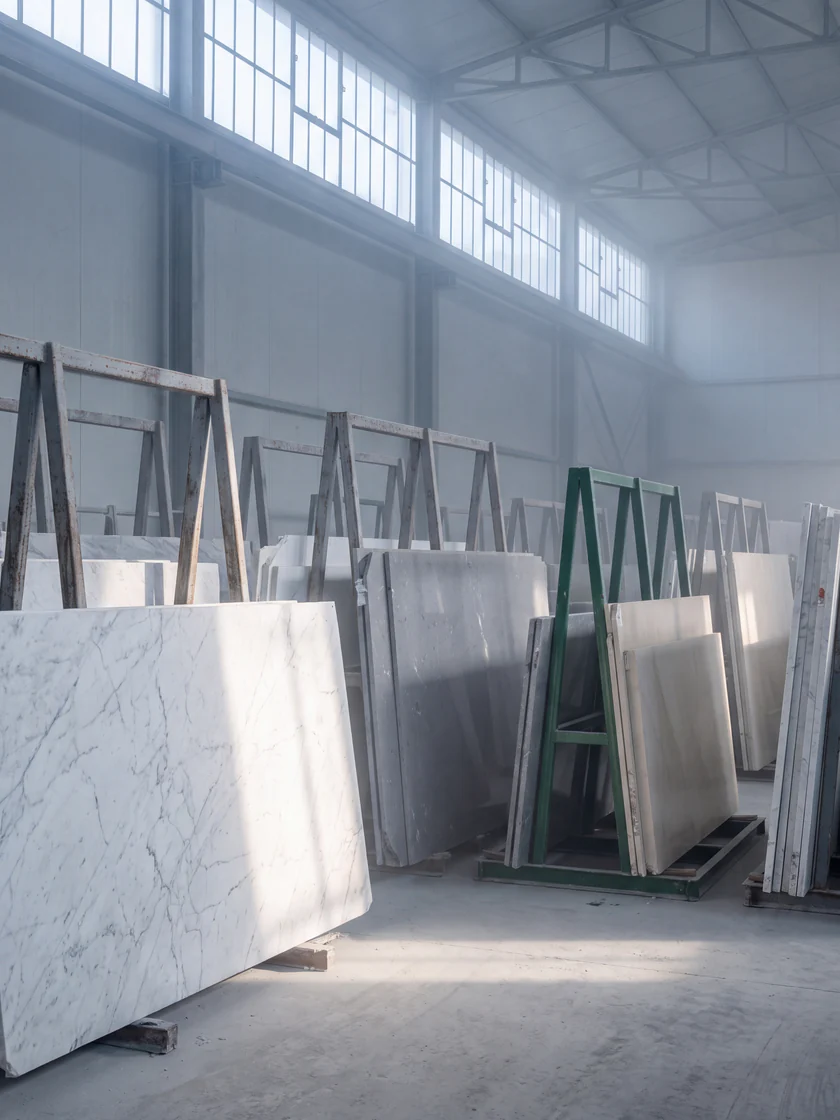 Quartz and marble slabs standing on A-frame racks in morning light