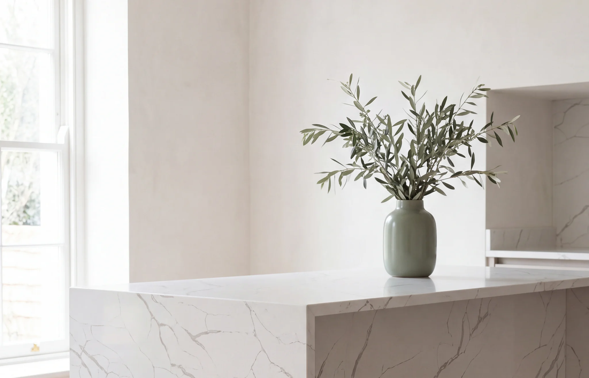 Calacatta Lazza quartz kitchen island with a waterfall edge in soft daylight