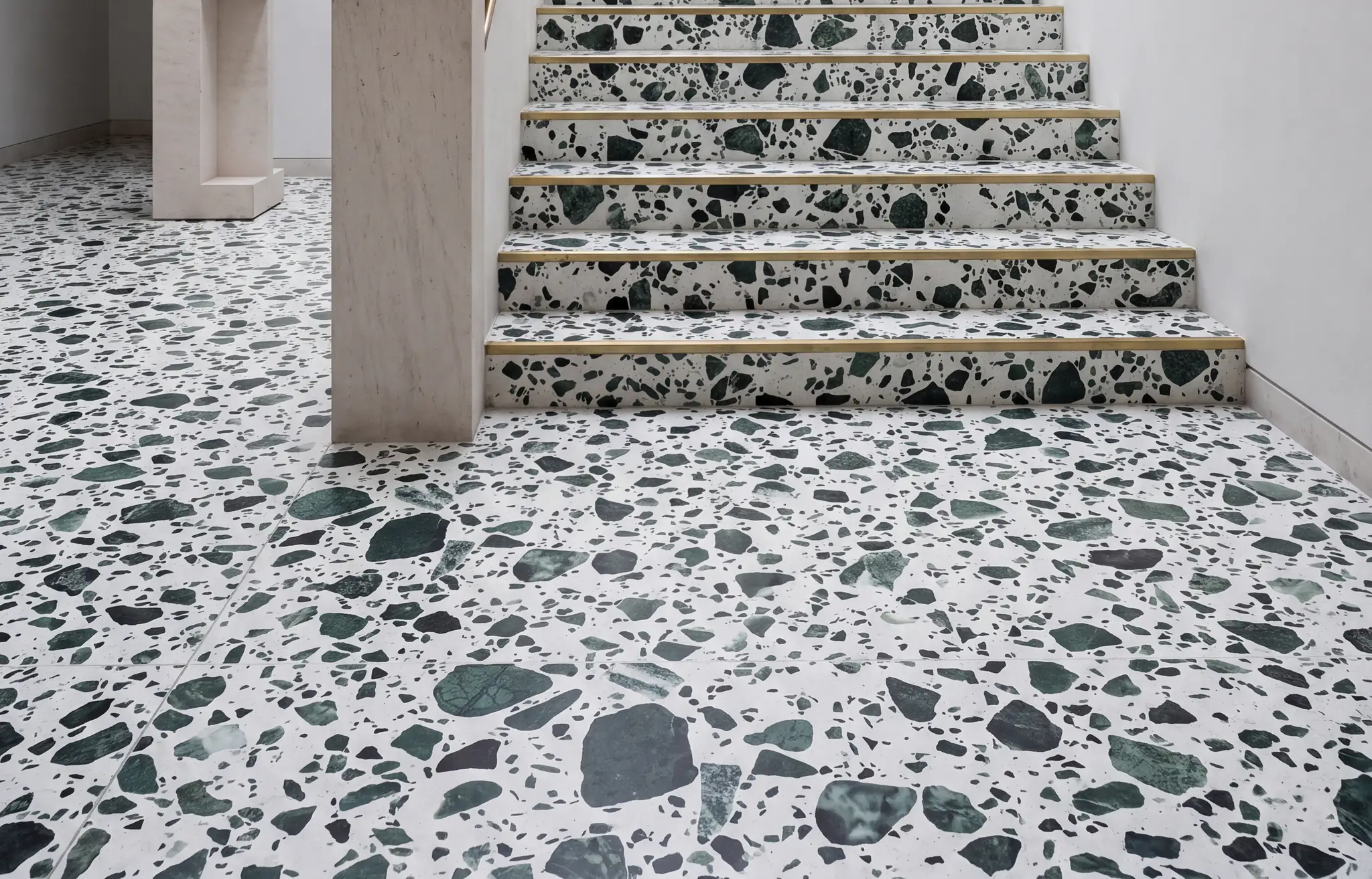 Exotic Green terrazzo floor with green marble chips in a gallery stair hall
