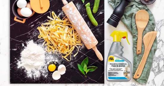 Kitchen flatlay on black marble