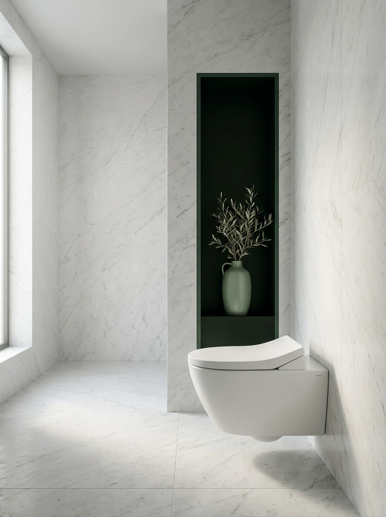 Wall-hung white ceramic WC in a marble bathroom with an onyx green niche