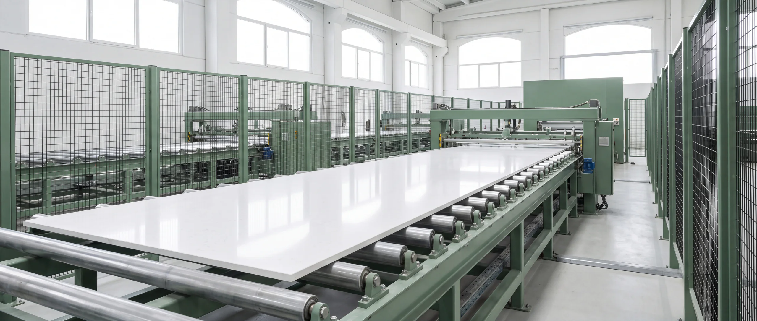 A white KalingaStone quartz slab moving through the automated production line, sage-green machinery either side