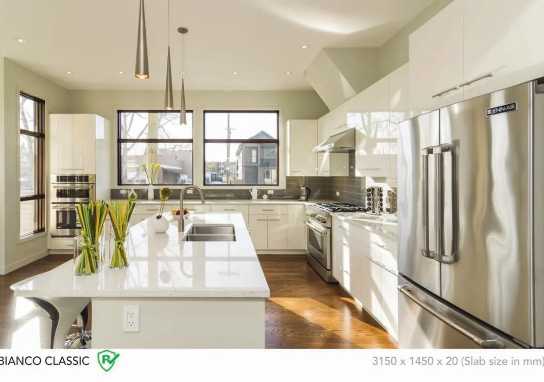 Bianco Classic quartz installed - KalingaStone catalogue application photograph