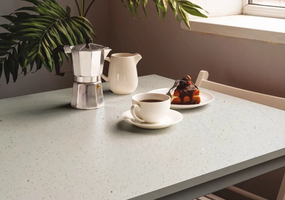 Bianco Diamante quartz installed - KalingaStone catalogue application photograph