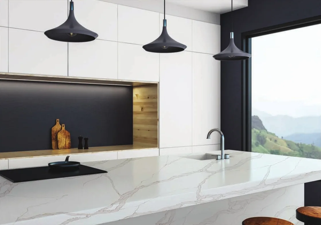 Calacatta Rivolo quartz installed - KalingaStone catalogue application photograph