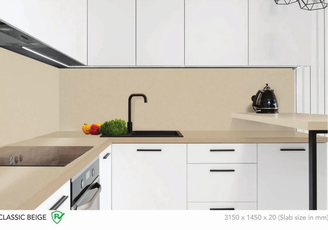 Classic Beige quartz installed - KalingaStone catalogue application photograph