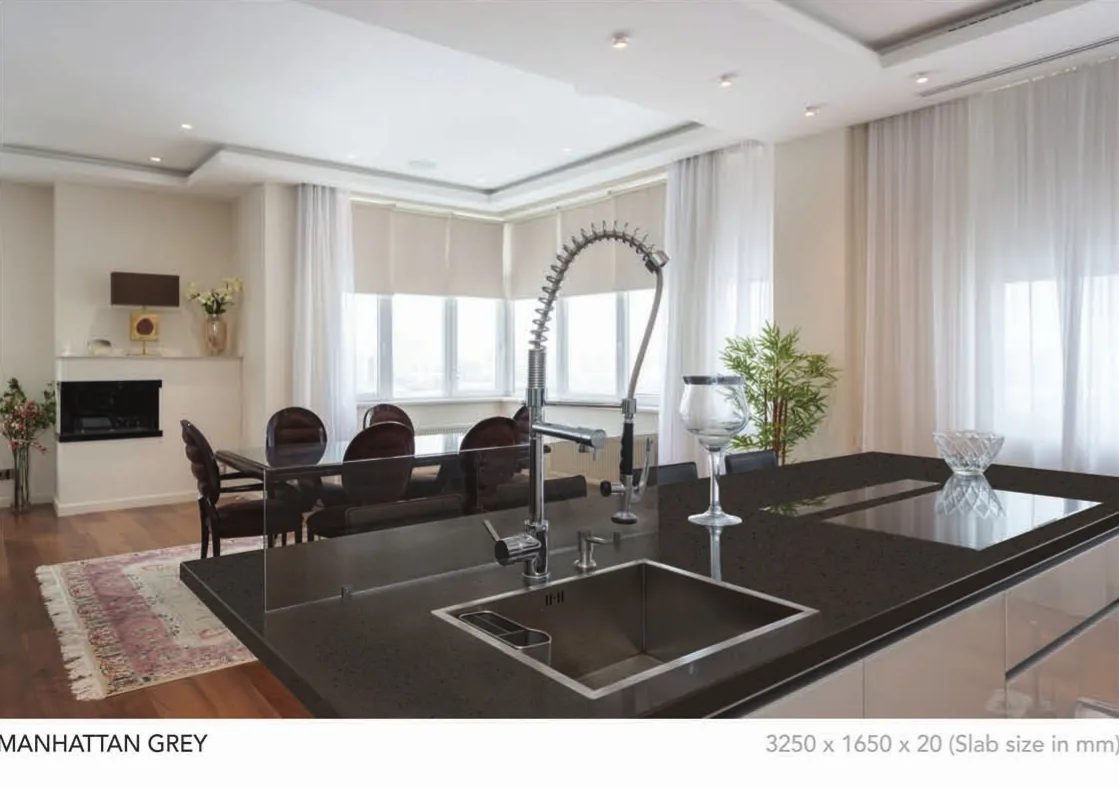 Manhattan Grey quartz installed - KalingaStone catalogue application photograph