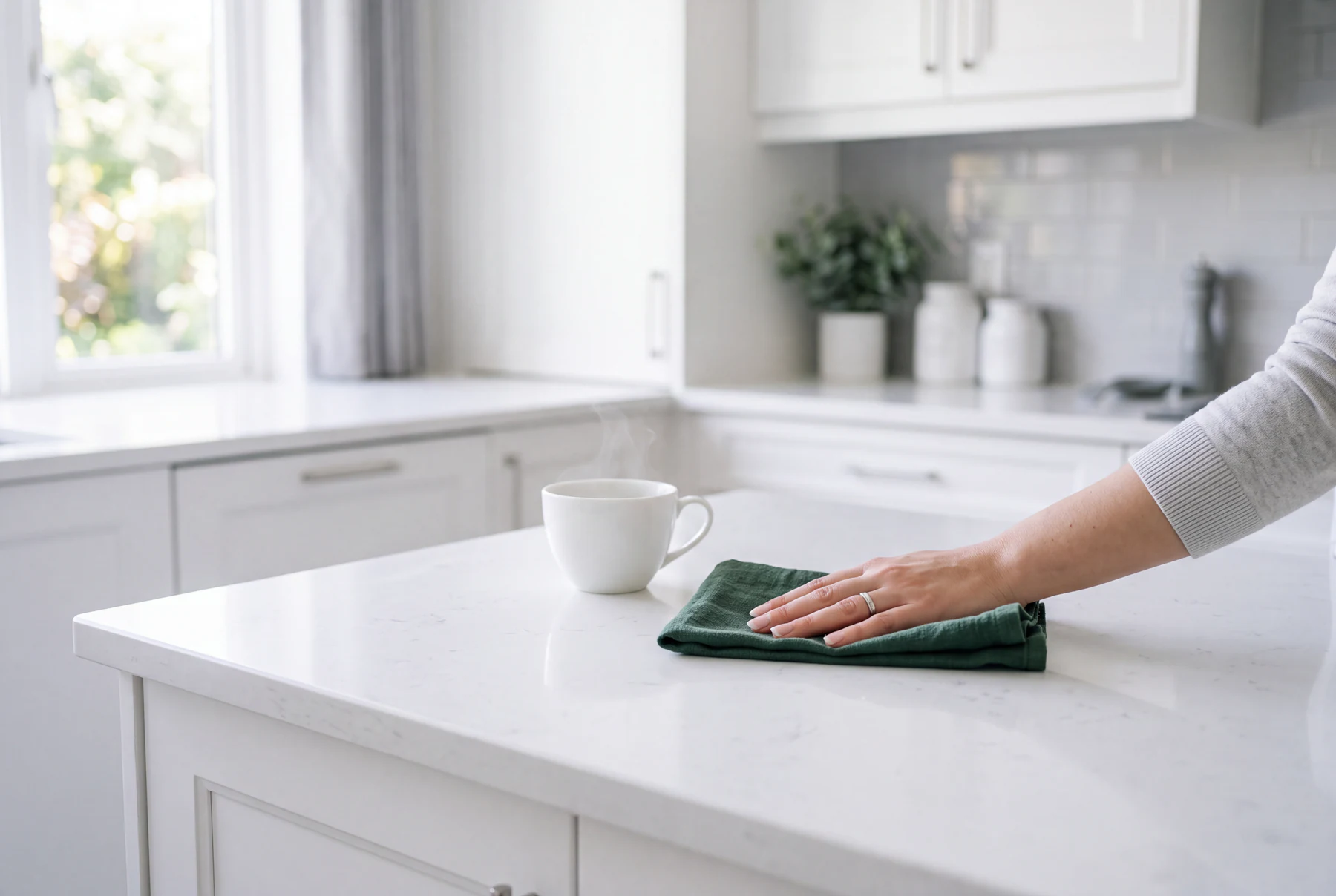 Wiping a white KalingaStone quartz island clean with a linen cloth - Microban protection works between cleans