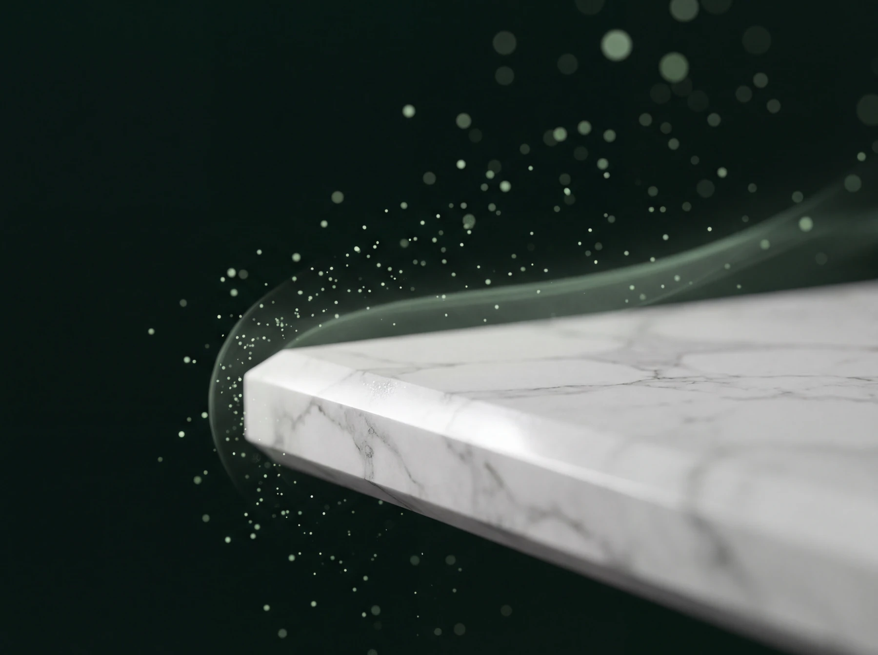 Artistic macro of a stone slab edge repelling glowing microbes - the Microban protective layer visualised