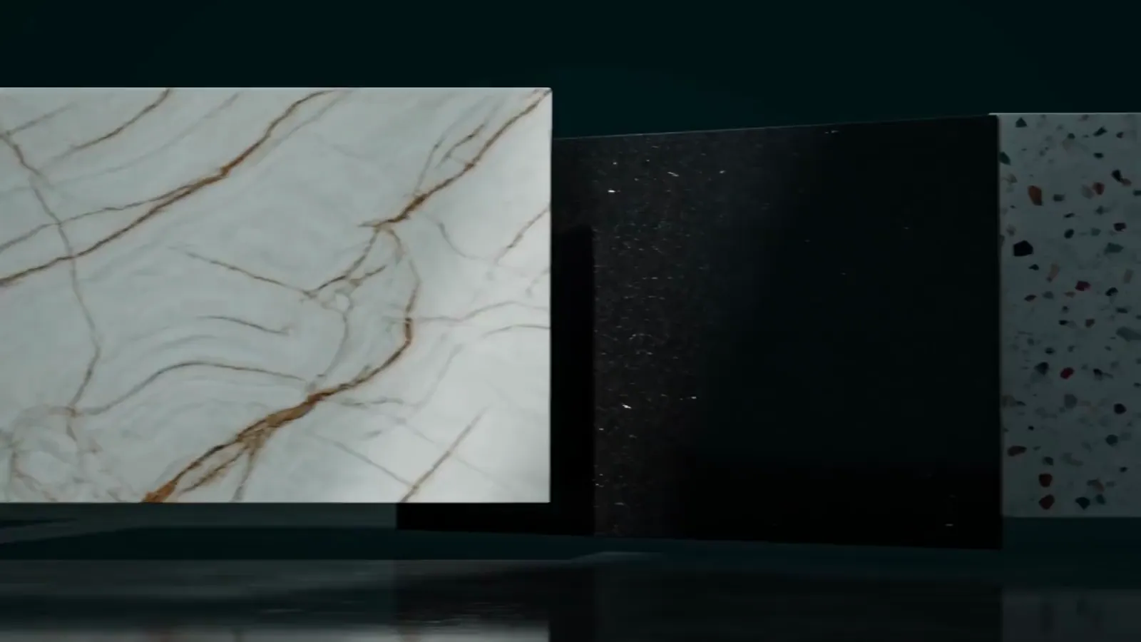 Marble and quartz slabs standing in procession in a dark gallery - the product lines film poster