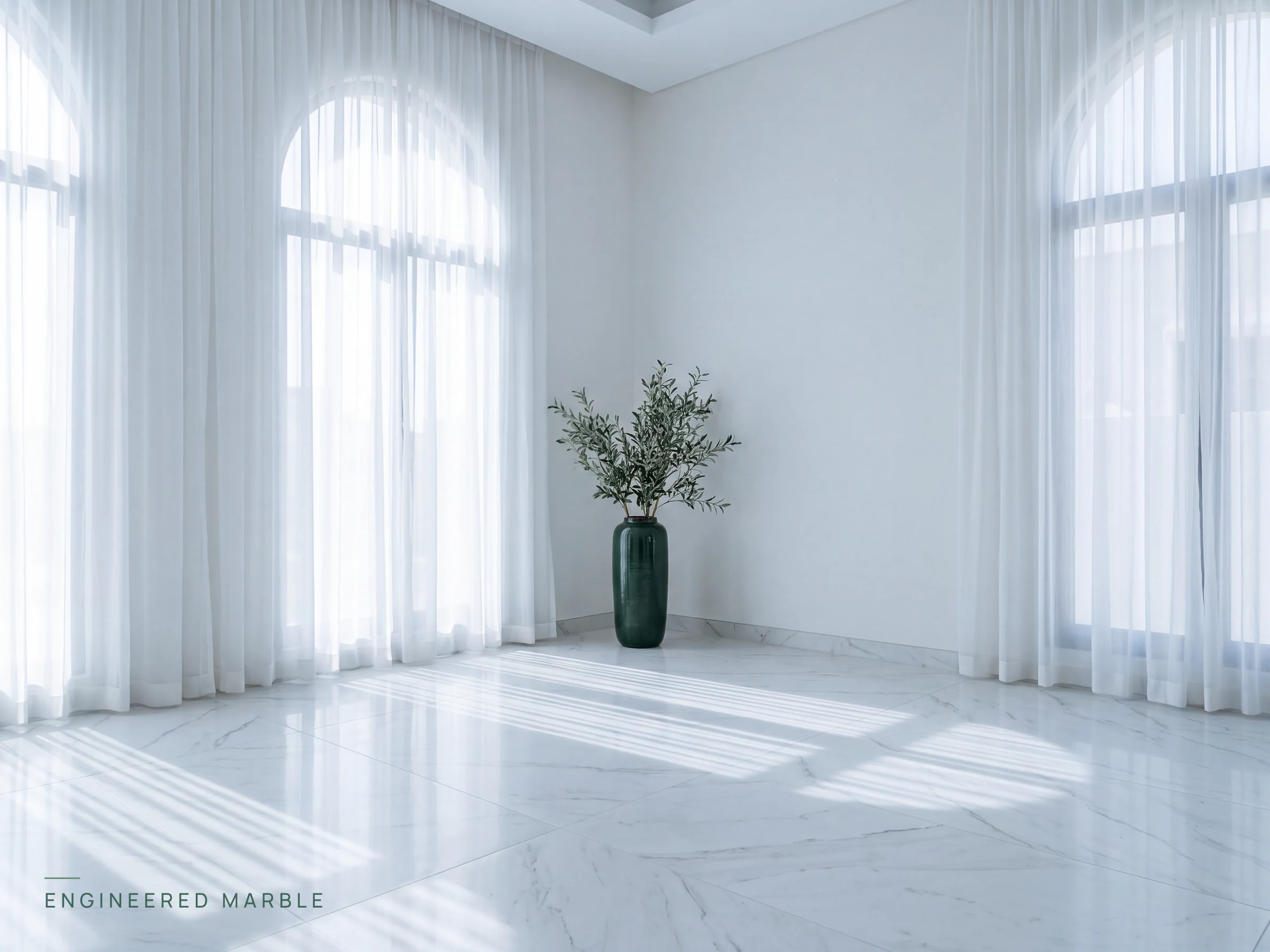 Polished white engineered marble floor in a bright gallery hall with sheer curtains and a pine-green vase with olive branches